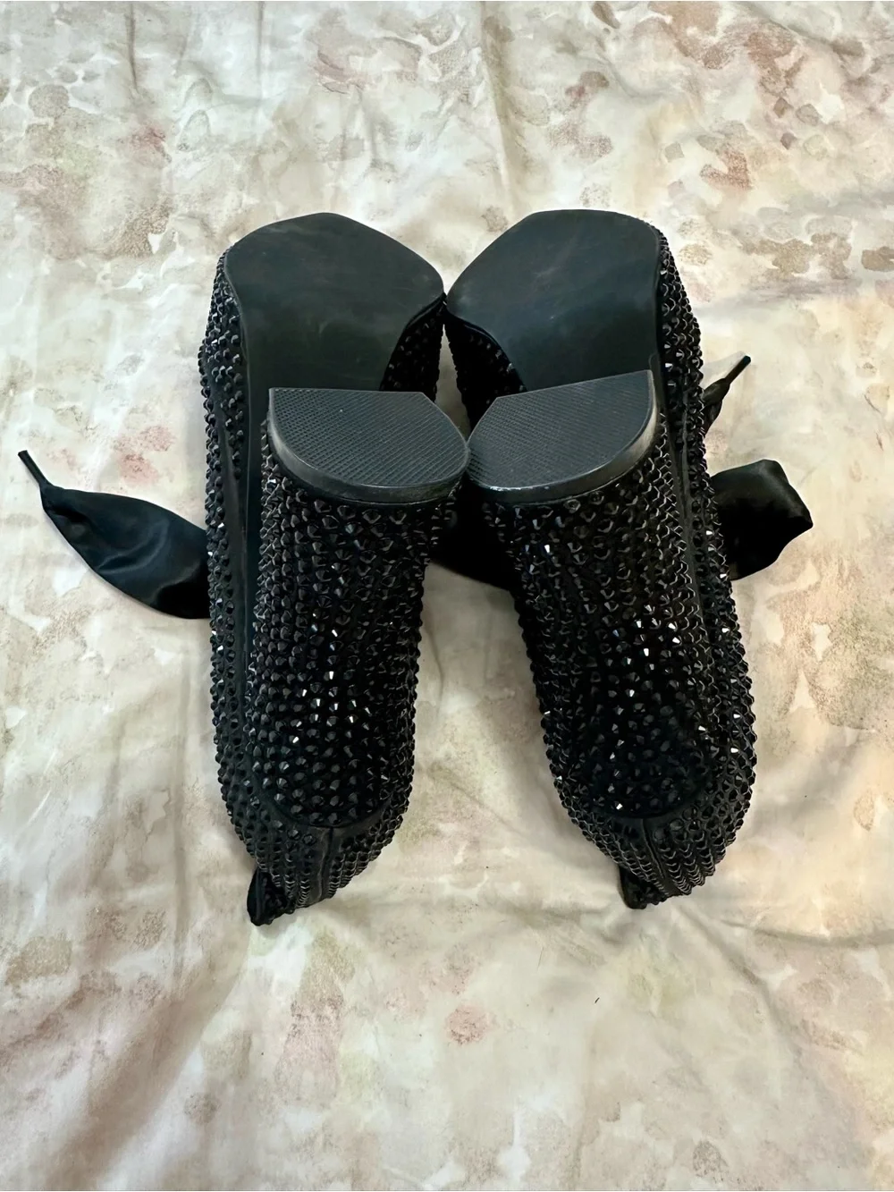 Dolls Kill Widow Black Crystal Platform Lace-Up Heels with Satin Bow